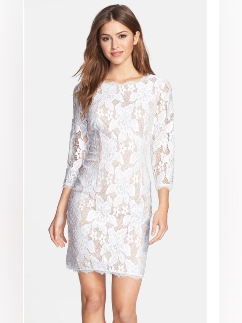 Adrianna Papell White Lace Overlay Sheath Dress, Nude Lining, 3/4 Sleeve
Size: 6